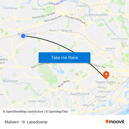 Malvern to Lansdowne map