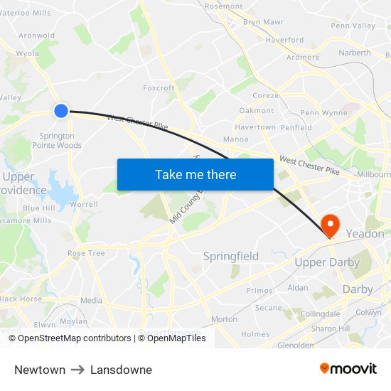 Newtown to Lansdowne map
