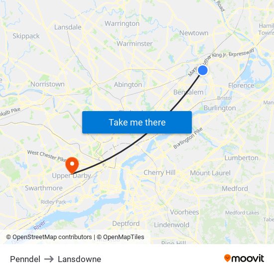 Penndel to Lansdowne map