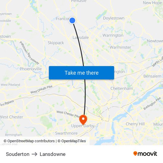 Souderton to Lansdowne map