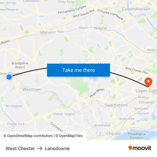 West Chester to Lansdowne map