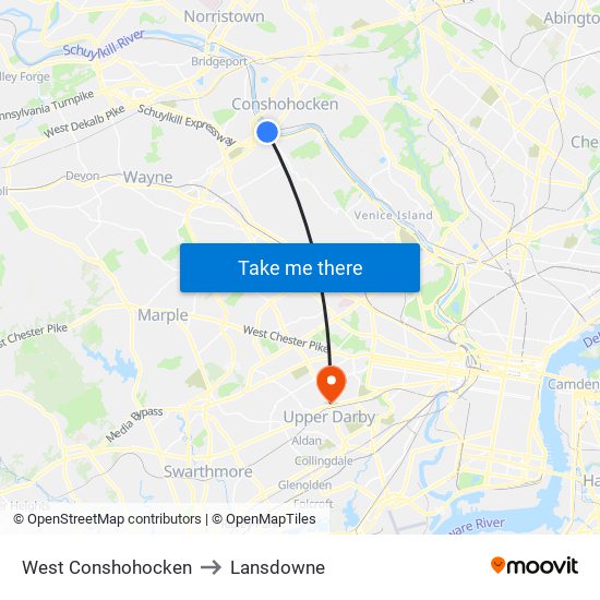 West Conshohocken to Lansdowne map