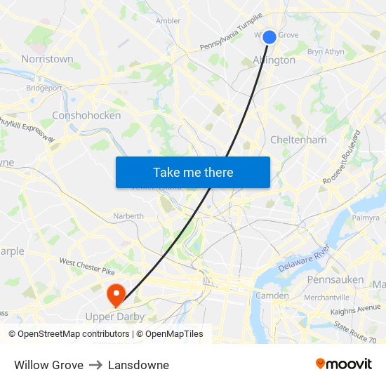 Willow Grove to Lansdowne map