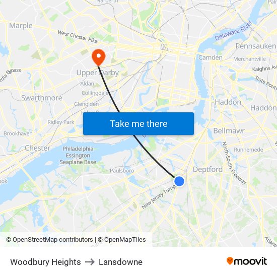 Woodbury Heights to Lansdowne map