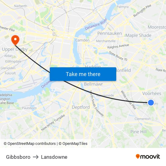 Gibbsboro to Lansdowne map