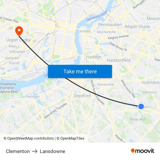 Clementon to Lansdowne map