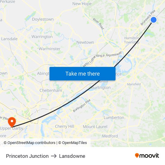 Princeton Junction to Lansdowne map