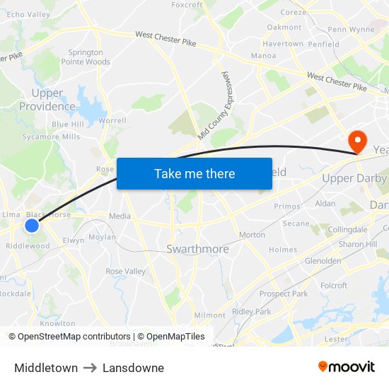 Middletown to Lansdowne map