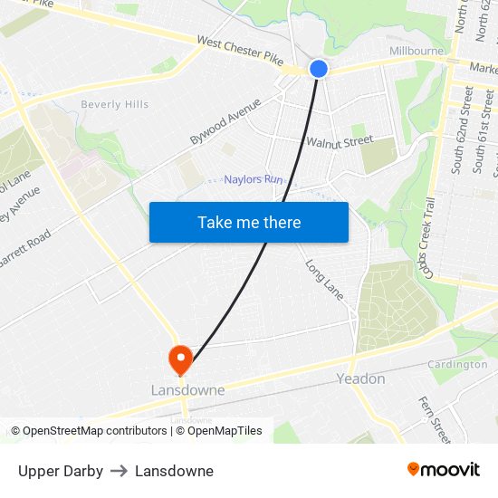 Upper Darby to Lansdowne map