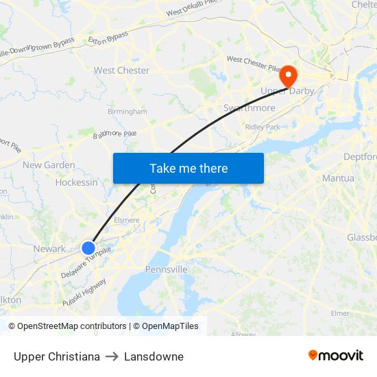 Upper Christiana to Lansdowne map