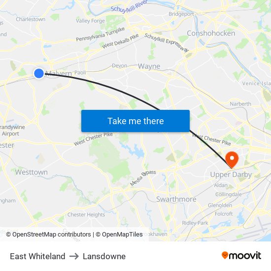 East Whiteland to Lansdowne map