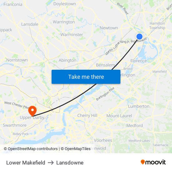 Lower Makefield to Lansdowne map
