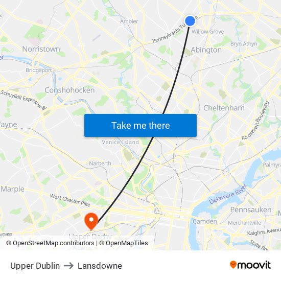 Upper Dublin to Lansdowne map