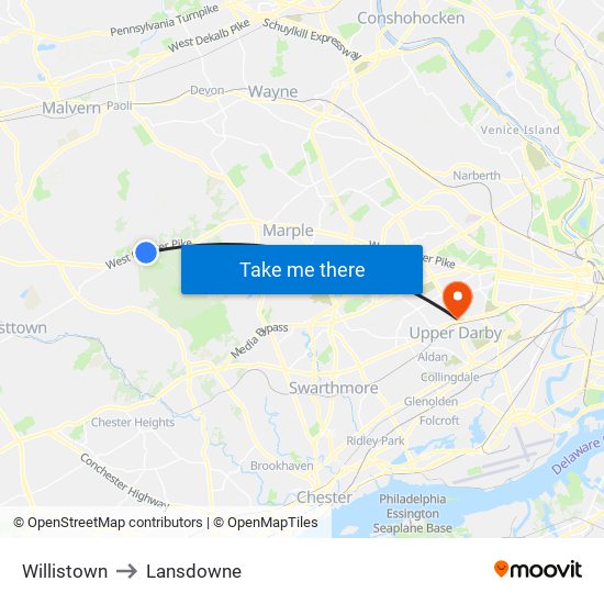 Willistown to Lansdowne map