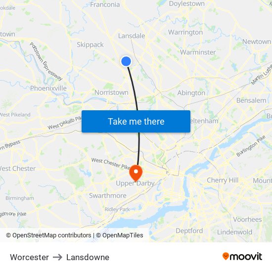 Worcester to Lansdowne map