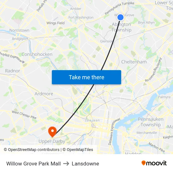Willow Grove Park Mall to Lansdowne map