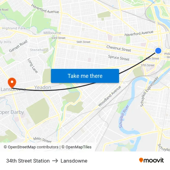 34th Street Station to Lansdowne map