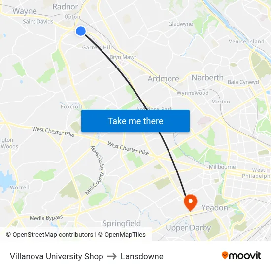 Villanova University Shop to Lansdowne map