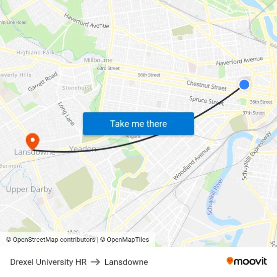 Drexel University HR to Lansdowne map