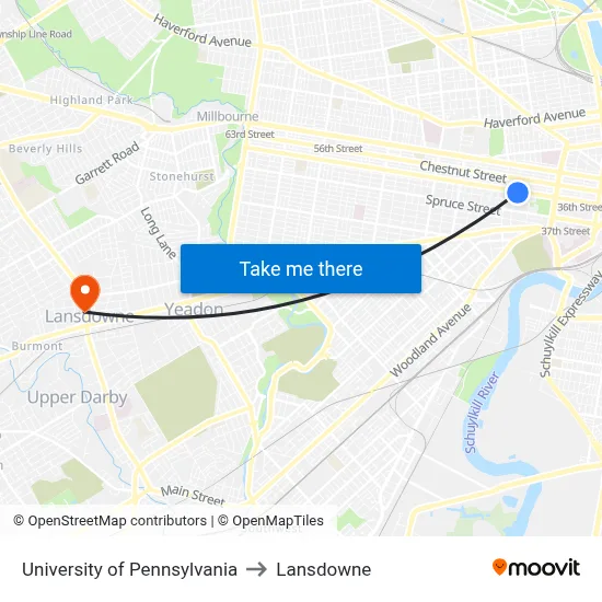 University of Pennsylvania to Lansdowne map