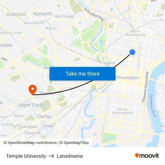Temple University to Lansdowne map