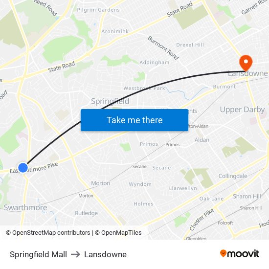 Springfield Mall to Lansdowne map