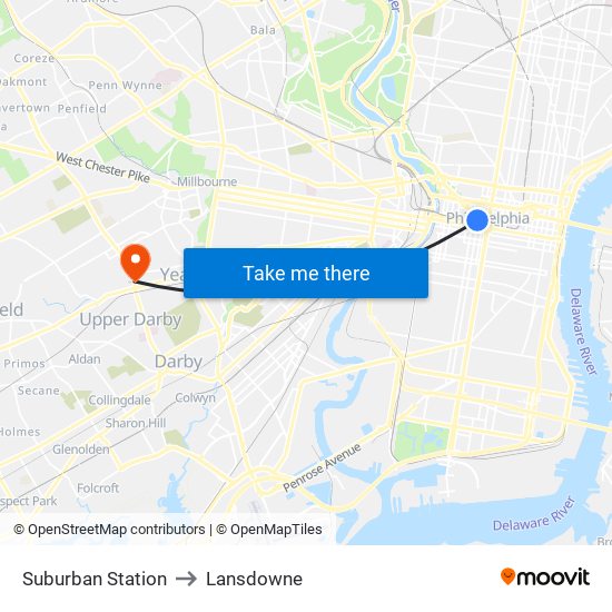 Suburban Station to Lansdowne map