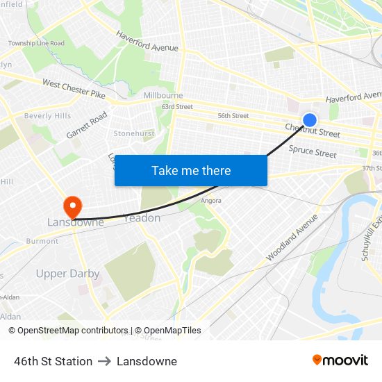 46th St Station to Lansdowne map