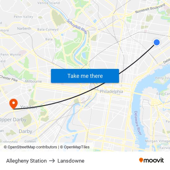 Allegheny Station to Lansdowne map