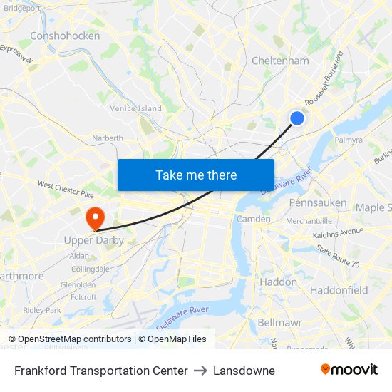 Frankford Transportation Center to Lansdowne map