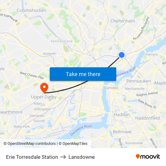Erie Torresdale Station to Lansdowne map