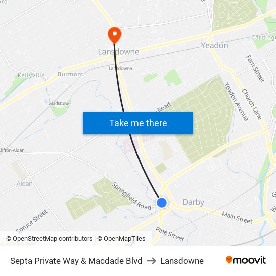 Septa Private Way & Macdade Blvd to Lansdowne map