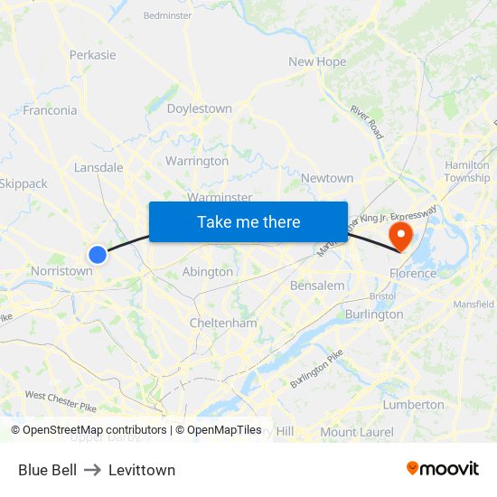 Blue Bell to Levittown map