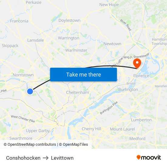 Conshohocken to Levittown map