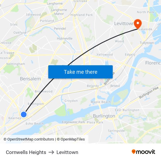 Cornwells Heights to Levittown map