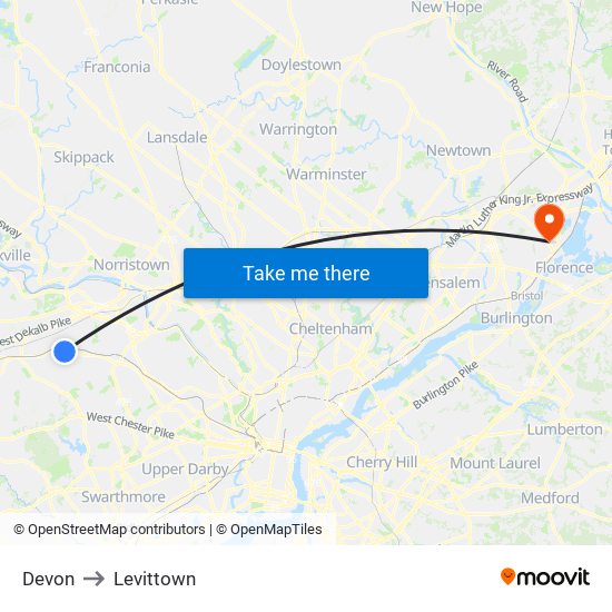 Devon to Levittown map