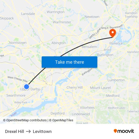 Drexel Hill to Levittown map