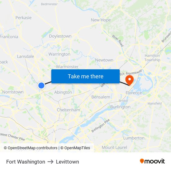Fort Washington to Levittown map