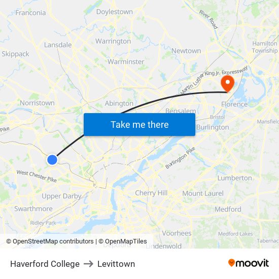 Haverford College to Levittown map
