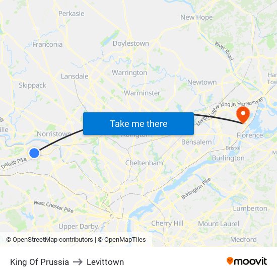 King Of Prussia to Levittown map
