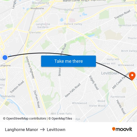 Langhorne Manor to Levittown map