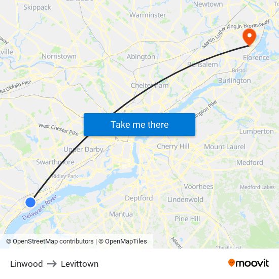 Linwood to Levittown map