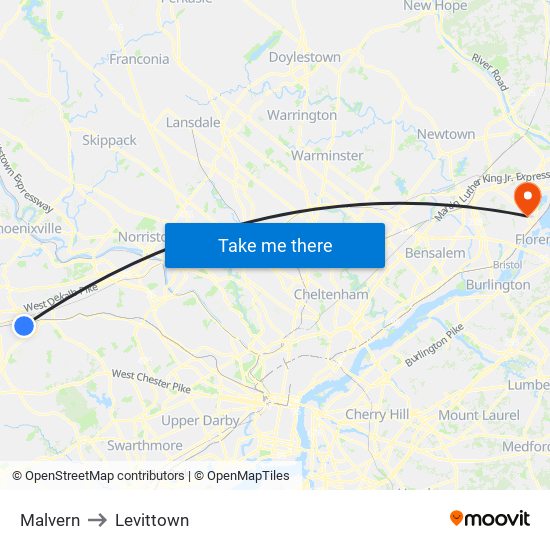 Malvern to Levittown map