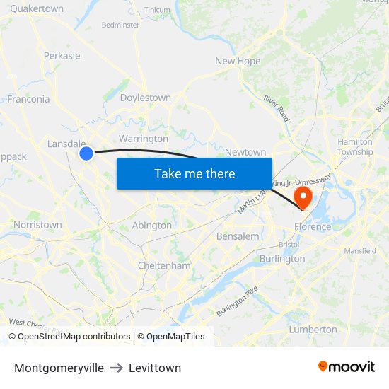 Montgomeryville to Levittown map