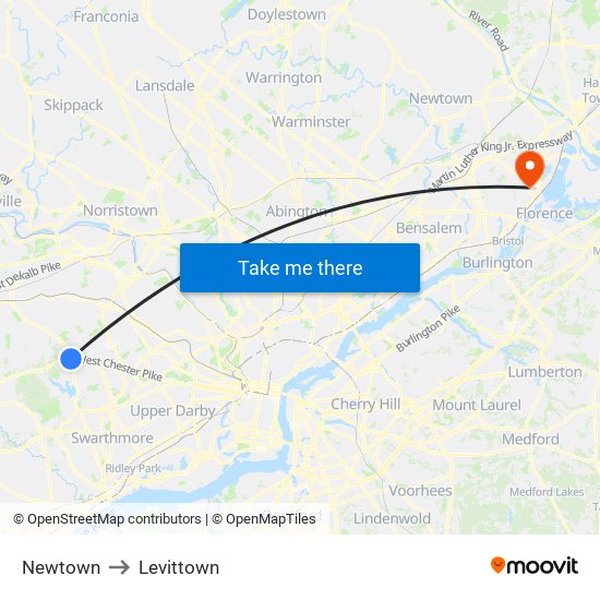 Newtown to Levittown map