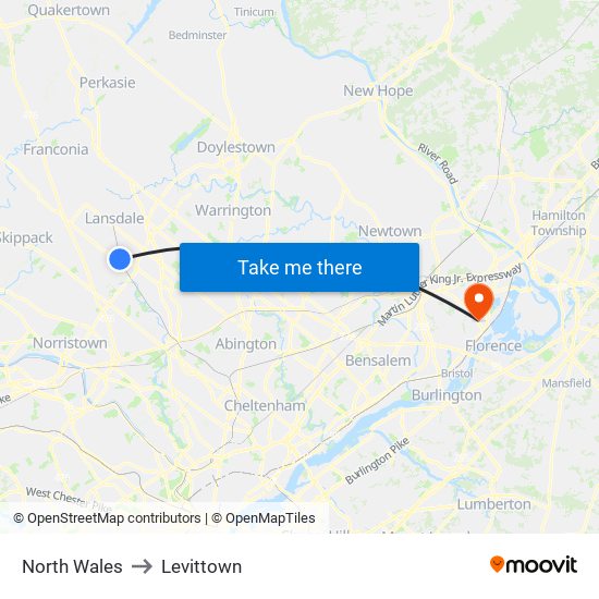 North Wales to Levittown map
