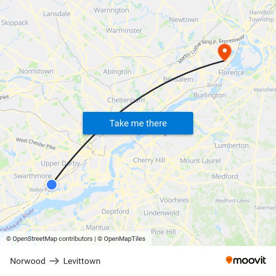 Norwood to Levittown map