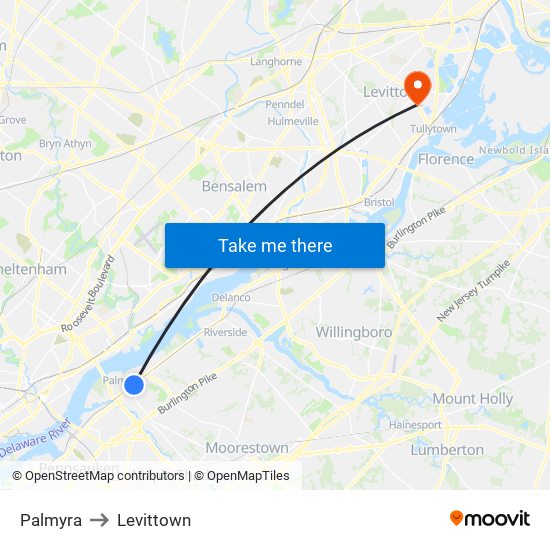 Palmyra to Levittown map