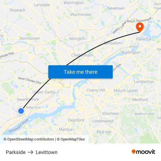 Parkside to Levittown map