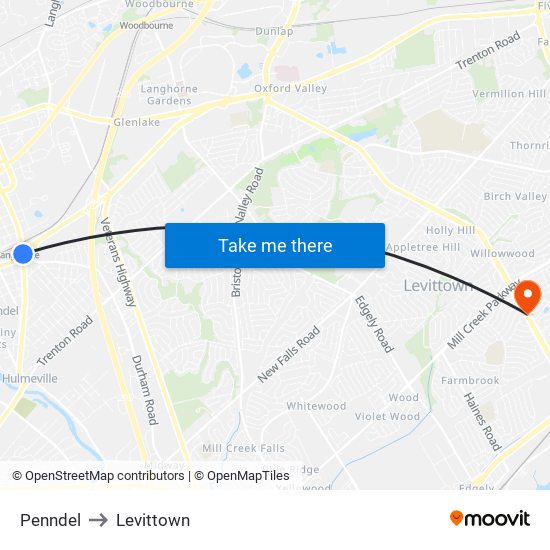 Penndel to Levittown map